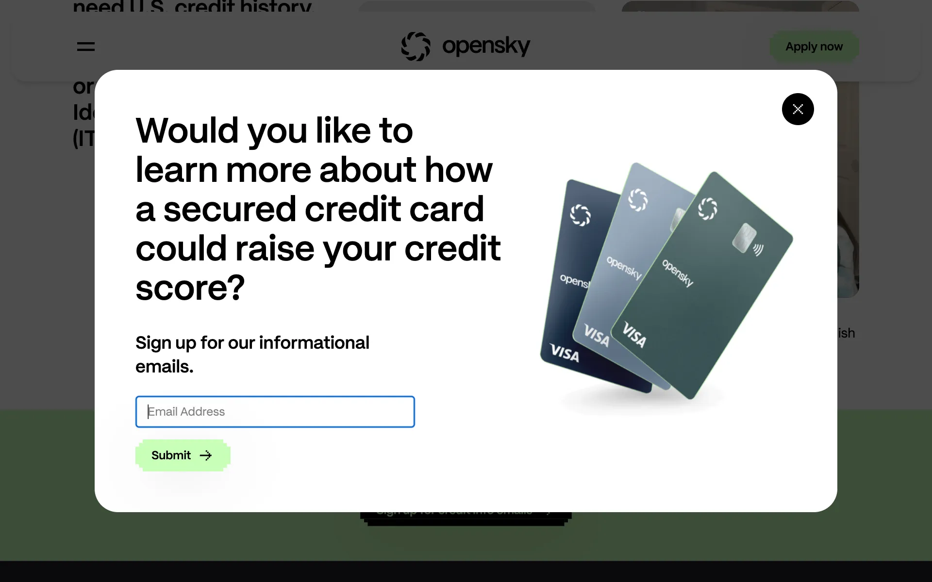 An exit-intent dialog asking "Would you like to learn more about how a secured credit card could raise your credit score?" with an email field and a Submit button.