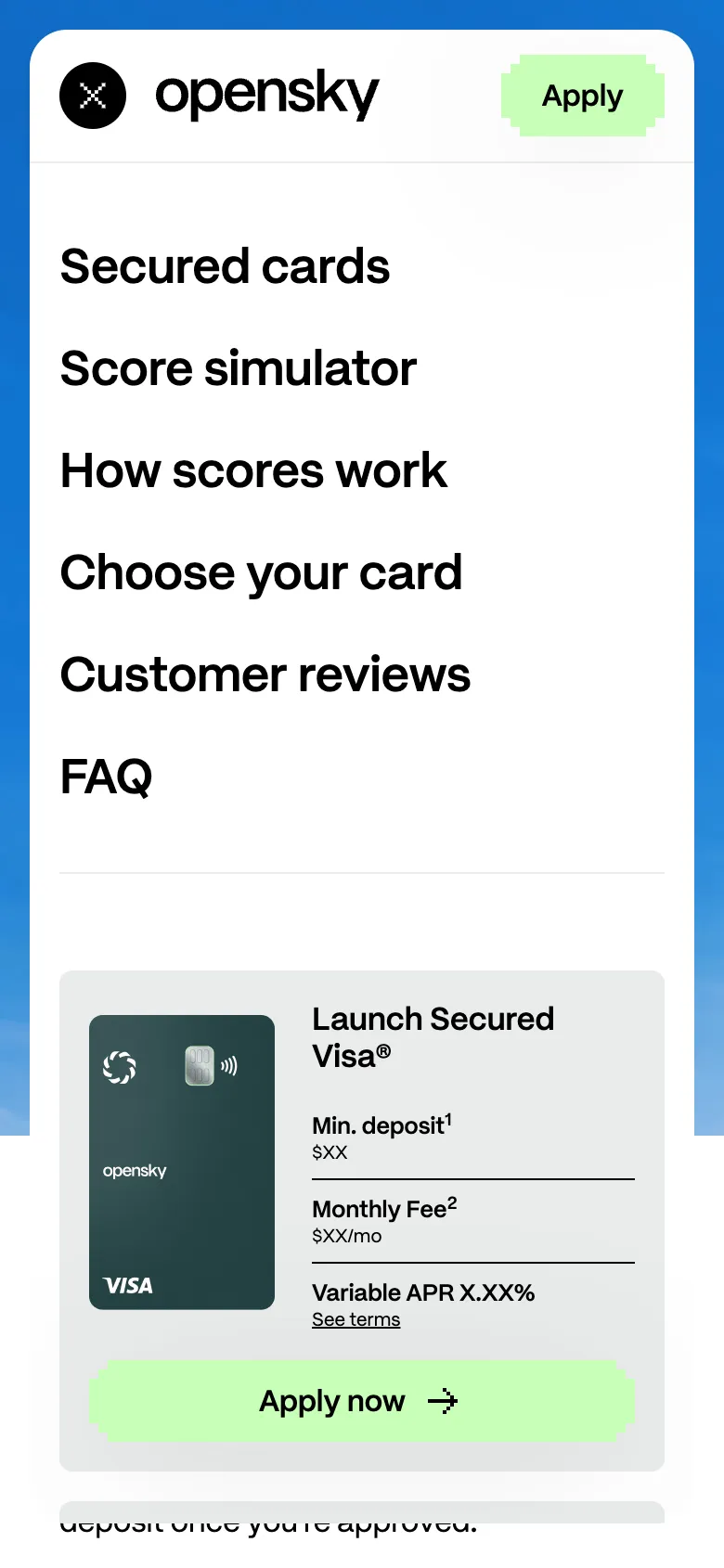 The open phone menu, with links to Secured cards, Score simulator, How scores work, Choose your card, Customer reviews and FAQ, above a card summary with an Apply now button.
