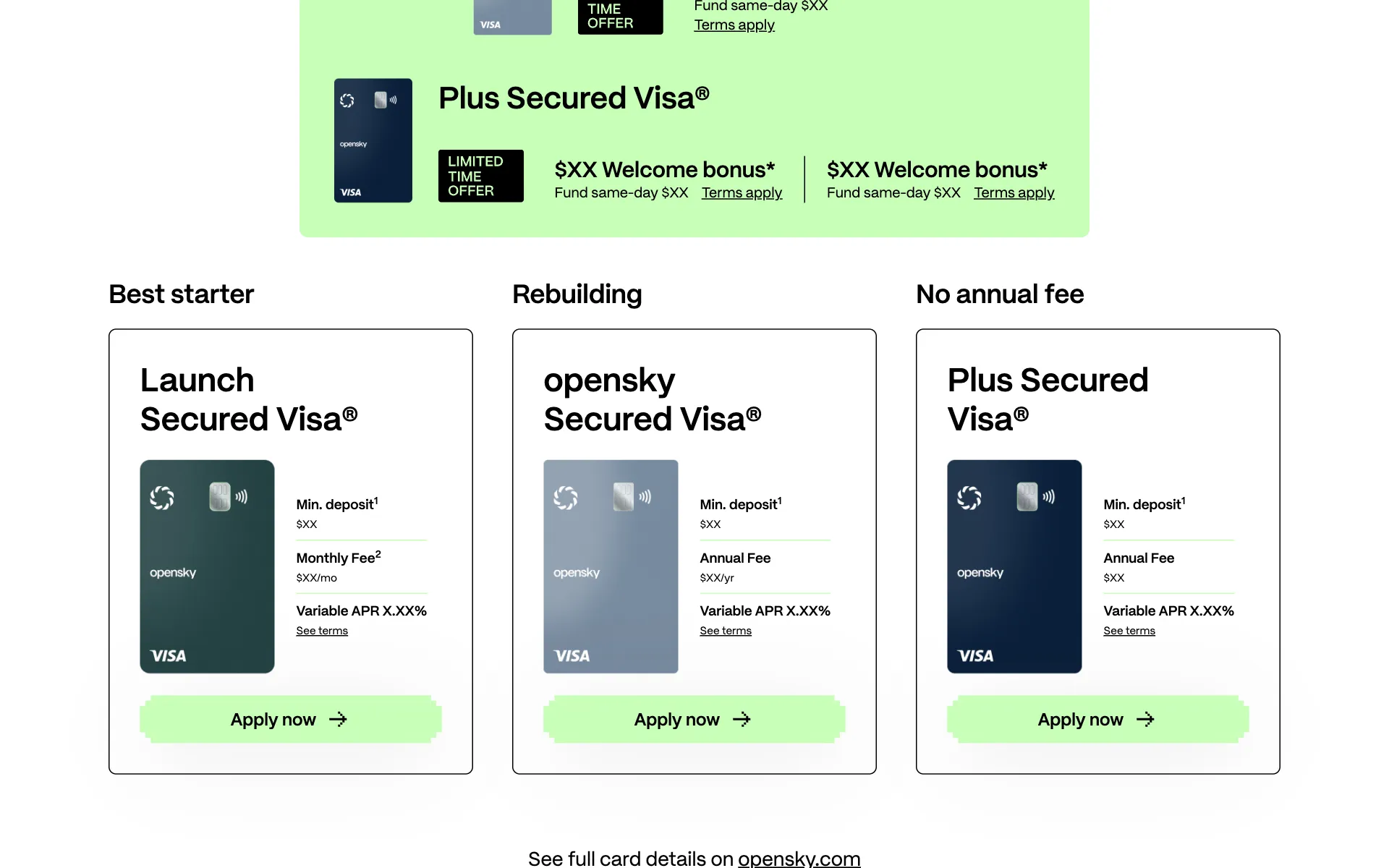 The card comparison: three secured cards, each with its deposit, fee and variable APR, footnote markers and a See terms link, above limited-time welcome bonus offers marked Terms apply.